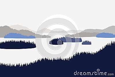 Landscape with hills mountains lakes rivers. Firs in the foreground. Flat style. Vector Illustration