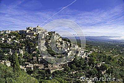 Landscape with hilltop village Gordes in the French Provence Stock Photo