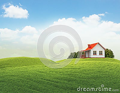 Landscape with house and bushes isolated on white Cartoon Illustration