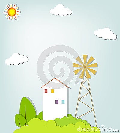 Landscape with a house on the hill Vector Illustration