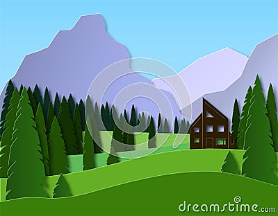 Landscape with a house in the mountains. Spruce forest and fields. 3d paper cut design. Advertising travel and recreation. Vector Vector Illustration