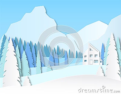 Landscape with a house in the mountains. Spruce forest and fields. 3d paper cut design. Advertising travel and Vector Illustration