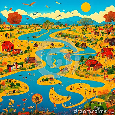 landscape with houses,field,sunrise, river,animals,birds, cars and people rendered in art Brut style Stock Photo
