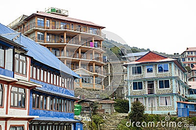 Landscape houses in the mountains of Nepal autumn Himalayas Stock Photo