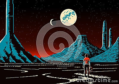 Landscape with human looking at horizon with mountains, sci-fi scene on far plane with moonst. Retro futuristic Vector Illustration