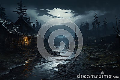 landscape, a hut in night forest, dark dramatic sky and river Stock Photo