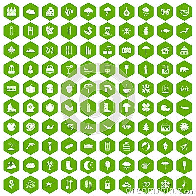 100 landscape icons hexagon green Vector Illustration