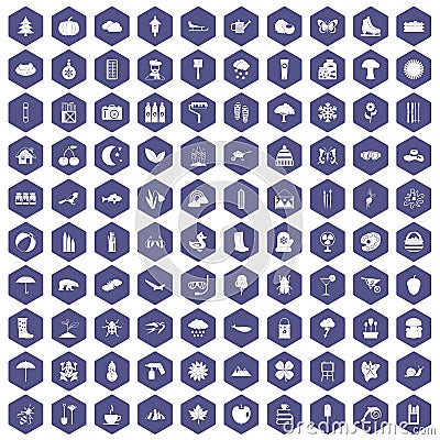 100 landscape icons hexagon purple Vector Illustration