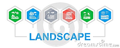 Landscape icons illustration template. Bridge, Forest, Garden, Volcano, Windmill illustration for web banner. Web banner Vector Illustration