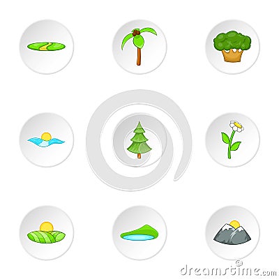 Landscape icons set, cartoon style Vector Illustration