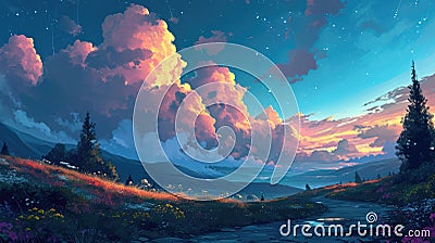 A cartoony night-time landscape with fluffy clouds and trees Cartoon Illustration