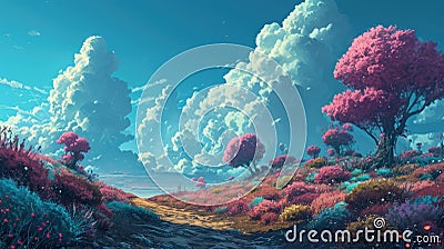 A cartoony vibrant landscape with fluffy clouds and trees Cartoon Illustration