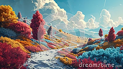 A cartoony vibrant landscape with fluffy clouds and trees Cartoon Illustration