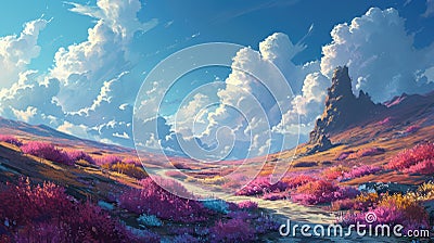 A cartoony vibrant landscape with fluffy clouds and trees Cartoon Illustration