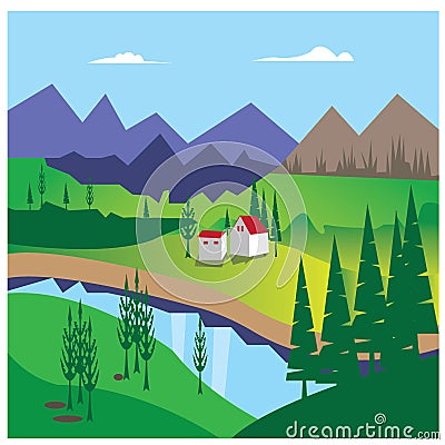 Landscape illustration green field, mountain house river. vector design background Vector Illustration