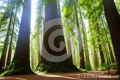 Exploring nature's ancient redwood giants. Stock Photo