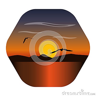 Landscape image of a sunset, the dawn sun over the mountains in the background and clouds above. Vector Illustration