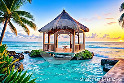 a bridge over the ocean with a pelican sitting on it. Stock Photo