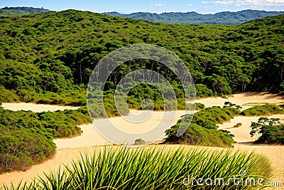 a wood fence on the dunes at the lake. Stock Photo