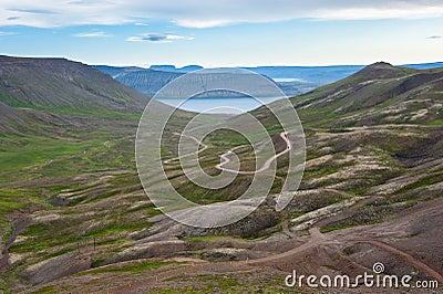 Landscape with incredible ofroad track, mountain pass through the fjords, Iceland Stock Photo