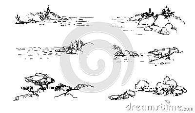 Landscape ink sketch set. Wild nature, shore, trees Vector Illustration