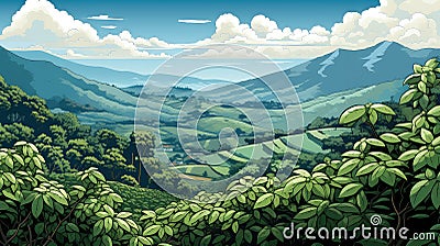 landscape island coffee plantations Cartoon Illustration