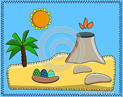 Landscape with the island of dinosaurs. Volcano, palm trees, sand, stones, sun, dinosaur eggs. prehistoric cartoon panorama Vector Illustration