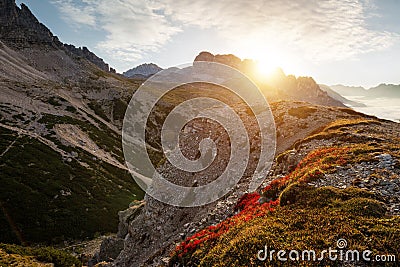 Landscape Italy, Dolomites - sunrise behind the huge rocks Stock Photo