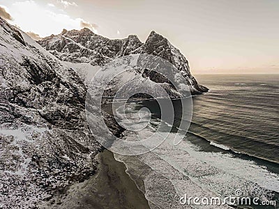 Landscape of Kvalvika Beach, Winter Stock Photo