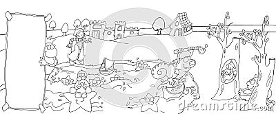 landscape lake with castle and animals chameleon with brush,chine drawn by color Cartoon Illustration