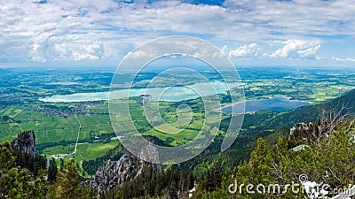 Landscape with lake Forggensee Bavaria and villages Stock Photo