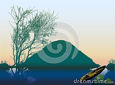 Landscape with lake, island, boat and silhouette of tree Vector Illustration