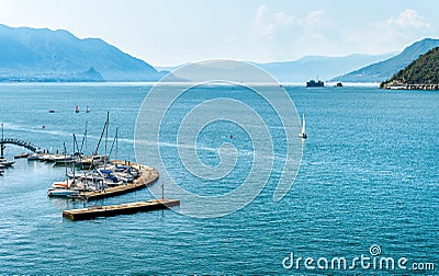 Landscape of lake Maggiore on a sunny day, Maccagno, province of Varese, Italy Editorial Stock Photo