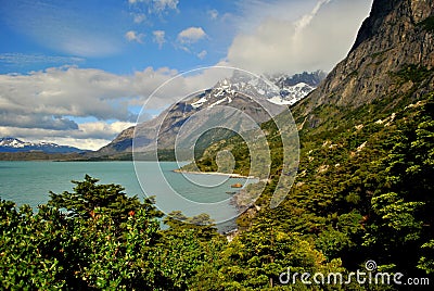 Landscape with lake and mountains in Torres del Paine Stock Photo