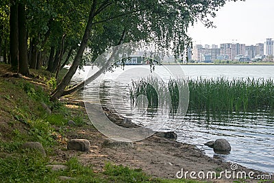 landscape on the lake with trees and reeds, stones and city views Stock Photo