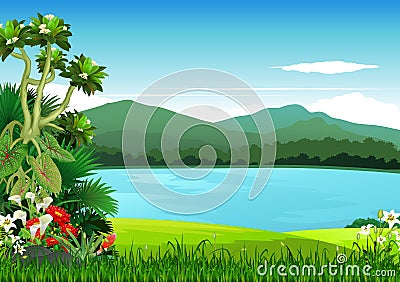 Landscape Lake View With Tropical Ivy Plants and Mountain Range in Background Cartoon Vector Illustration Stock Photo