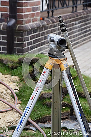 Theodolite geodesic works on building site Stock Photo