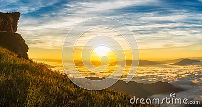 Landscape of Light morning sun with fog on Phu Chi Fa in Chiang Rai, Thailand Stock Photo