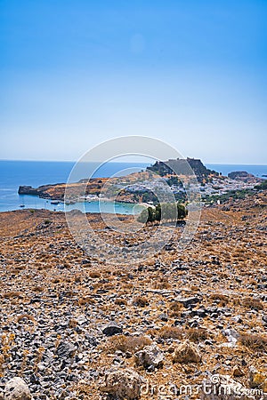Landscape Lindos bay with blue mediterranean sea, Editorial Stock Photo