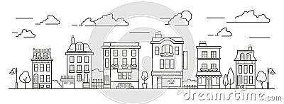 Landscape in line art style. Outline street with houses, building, tree and clouds. Cafe, pharmacy, hotel and bus stop Vector Illustration