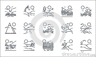 Landscape line icons. linear set. quality vector line set such as hills, city, earthquake, desert, lake, mountain, cactus, village Vector Illustration