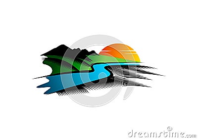 Landscape logo, river symbol, mountain illustration, nature parkland icon and view concept design Vector Illustration