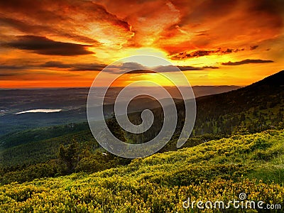 Landscape, Magic colours, Sunrise, Mountain meadow Stock Photo