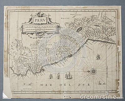 Landscape map of Peru by Joannem Janssonium, 1657 Editorial Stock Photo