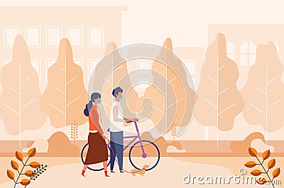 Landscape with masked couple dating, walking at autumn city park. Men and women have a day off on new normal Vector Illustration