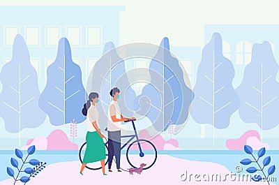 Landscape with masked couple dating, walking at summer city park. Men and women have a day off on new normal Vector Illustration