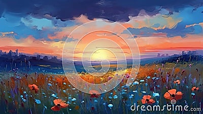 Landscape of a meadow at sunset with wildflowers and a beautiful sky. Oil painting in the impressionistic style. Cartoon Illustration