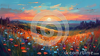 Landscape of a meadow at sunset with wildflowers and a beautiful sky. Oil painting in the impressionistic style. Cartoon Illustration