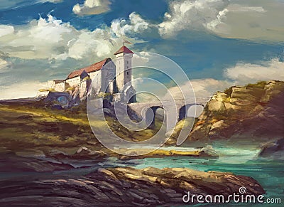 Landscape with medieval castle on cliff, stone bridge over river, rocks, beautiful sky with white clouds Stock Photo