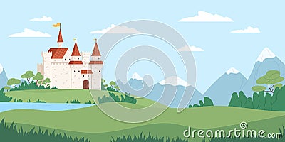Landscape with medieval castle vector flat illustration. Fairytale fortress near river, mountains and fields. Beautiful Vector Illustration